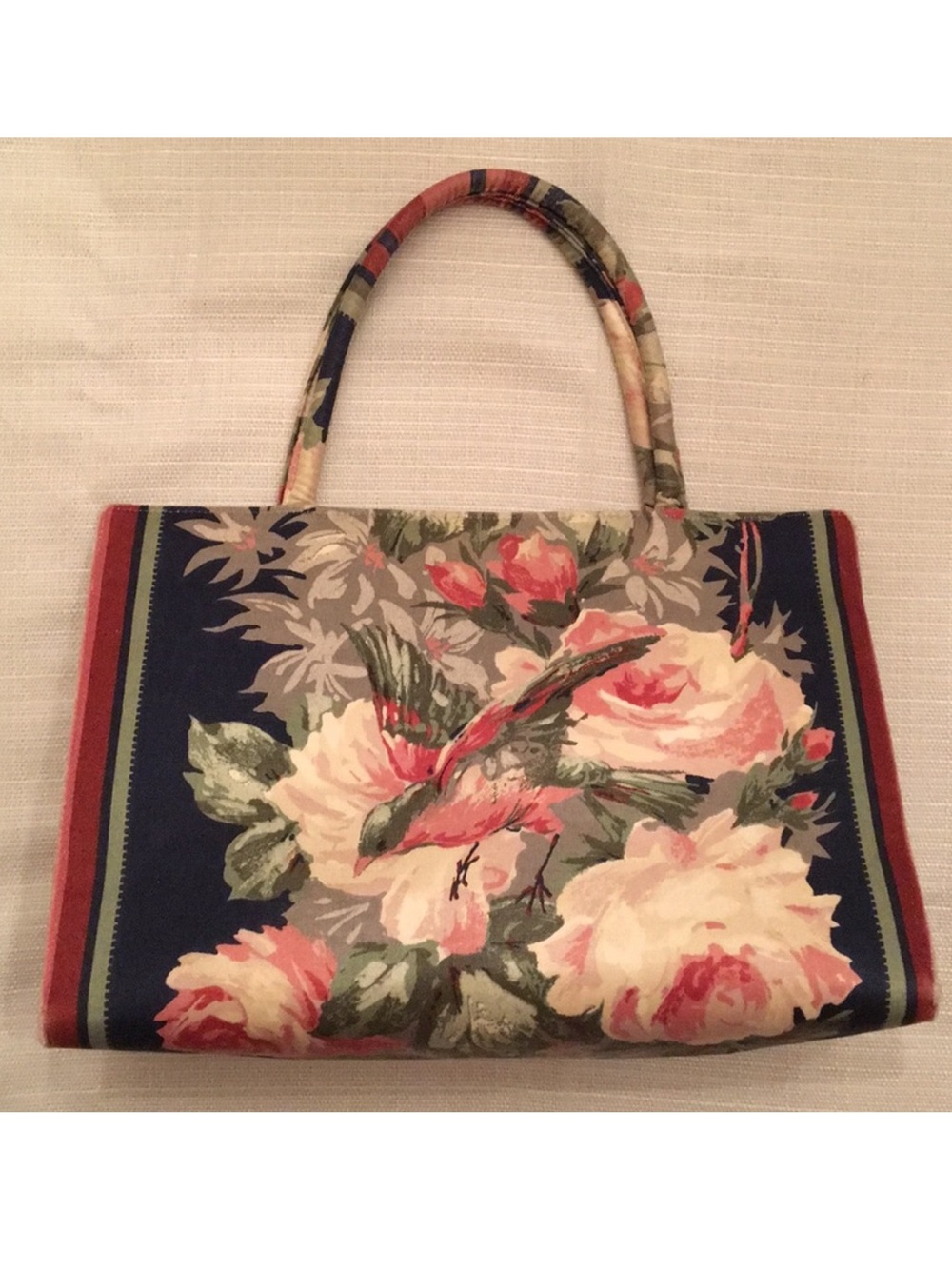 Vintage Navy Floral Tote with Pink Rose and Bird Print